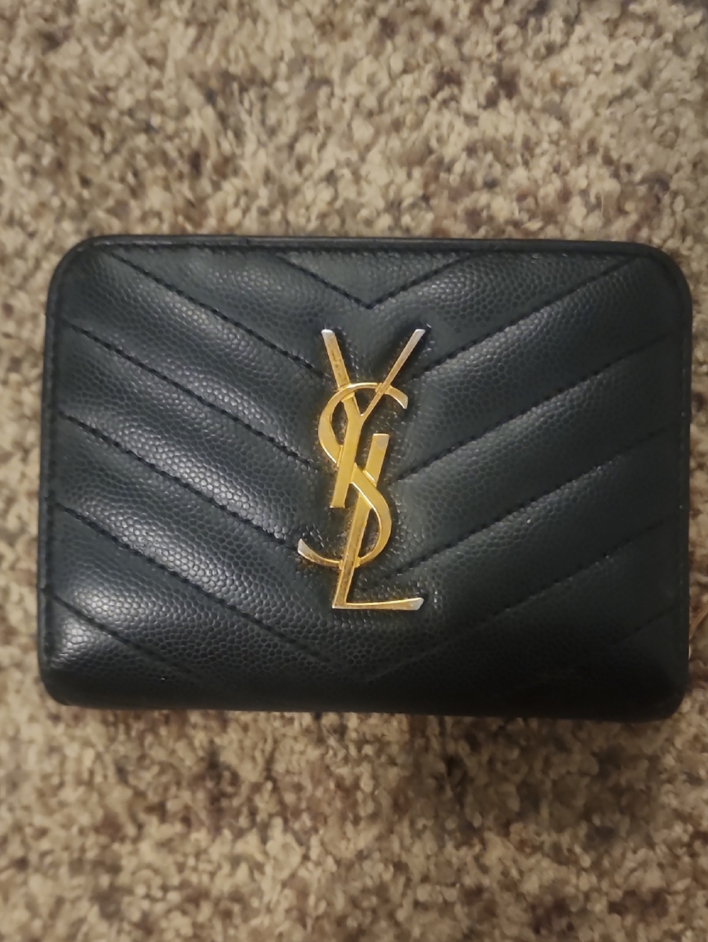 Yves Saint Laurent Black Quilted Leather Card Wallet with Gold YSL Emblem